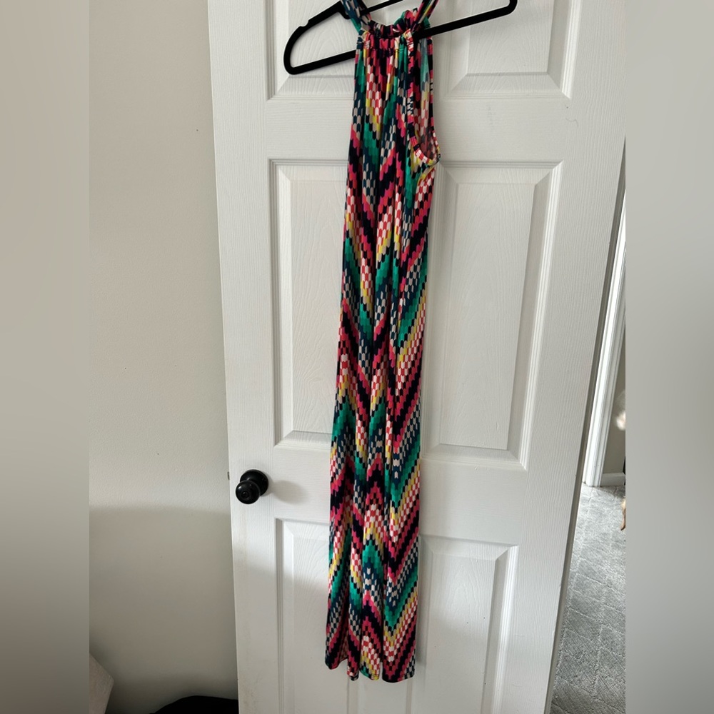 Trina by Trina Turk sleeveless maxi tie neck dress multicolor stretch knit